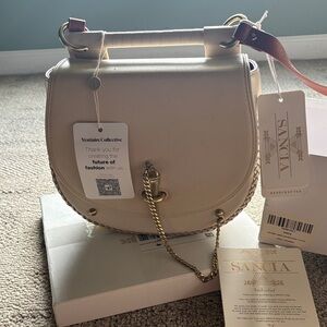 Sancia Cream Leather Crossbody Saddle Bag with Gold Chain